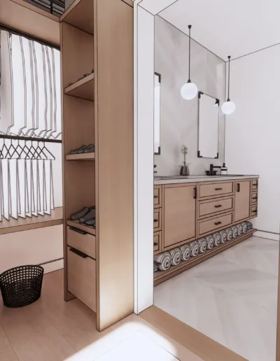 A 3d rendering of a walk in closet.