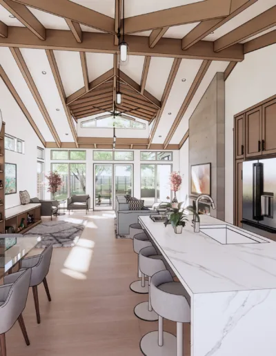 A rendering of a kitchen with a vaulted ceiling.