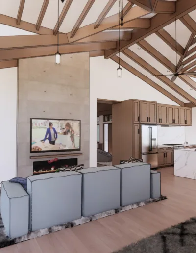 A 3d rendering of a living room with a vaulted ceiling.