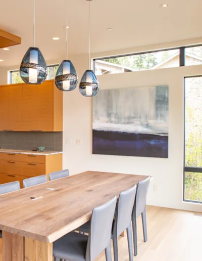 A wooden table in a kitchen.