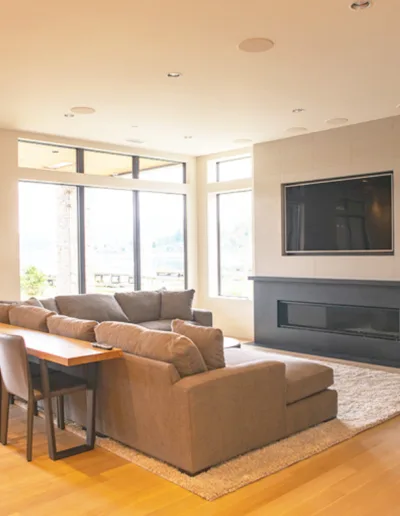 A living room with a fireplace.