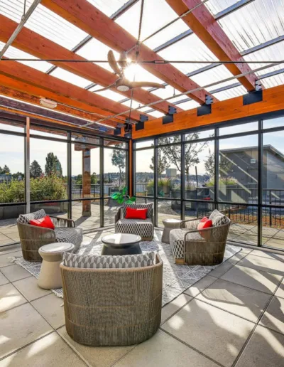 An outdoor patio with a view of the city.