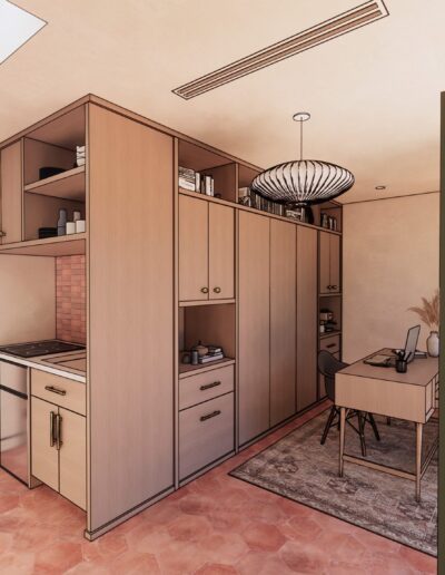 Modern bathroom with wooden cabinets, a large mirror, pendant light, and terracotta tiles. a glass door leads to an adjoining room with a desk and chair.