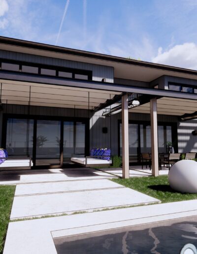 Modern house exterior with large glass doors, a wooden façade, and an array of spherical sculptures on the patio.