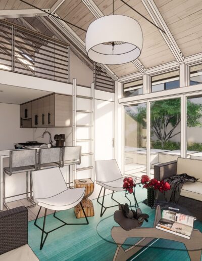 Modern living room interior with large windows, white sofa, black armchairs, wooden ceiling, and minimalist decor, offering a view of a courtyard.