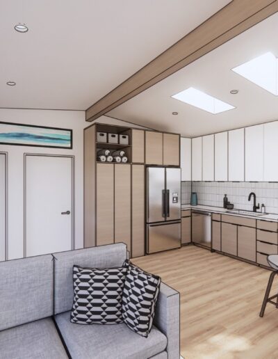 Modern minimalist apartment interior featuring a kitchen with white cabinets and a living area with gray sofas and wooden accents.