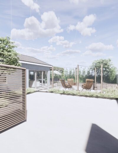 Modern backyard patio with wooden slatted fence panels, lush greenery, and a glass-walled garden room under a clear blue sky.