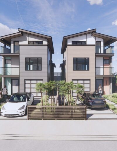 3d rendering of modern duplex houses with balconies, featuring a white car parked out front, people walking, and a cyclist on a sunny day.