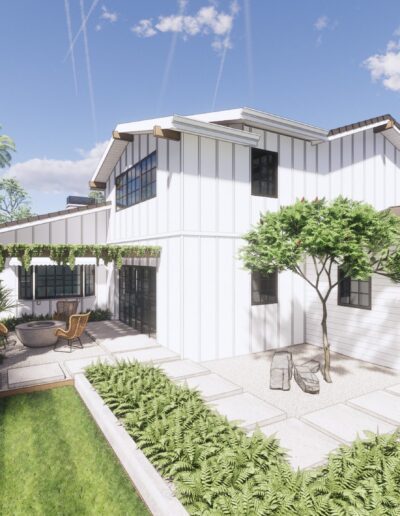 Modern white house with a slanted roof, surrounded by lush greenery and a swimming pool, showcasing a clear sky and vibrant landscaping.