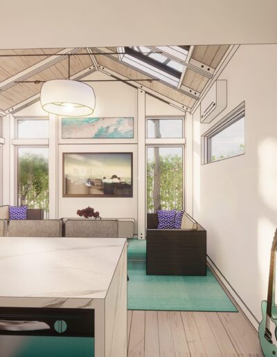 A modern sunroom kitchen featuring large windows, skylights, wooden furniture, and numerous plants, with a view of a cozy seating area.