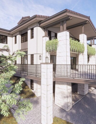 A 3d rendering of a modern, multi-story house with large windows and balconies, nestled among lush green trees under a clear sky.