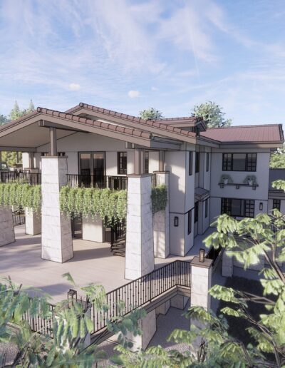 3d rendering of a modern, two-story house with large windows and balconies, surrounded by lush greenery under a clear sky.