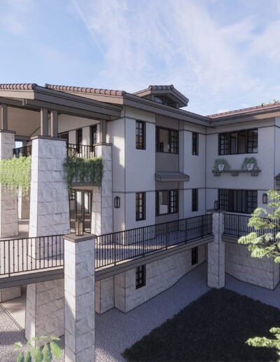 Modern two-story house with white exteriors and multiple balconies, nestled among green trees, under a clear sky.