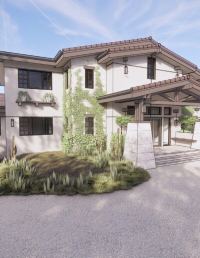 Modern two-story house with beige and brown exterior, featuring large windows, balconies, and surrounded by landscaped garden and driveway.