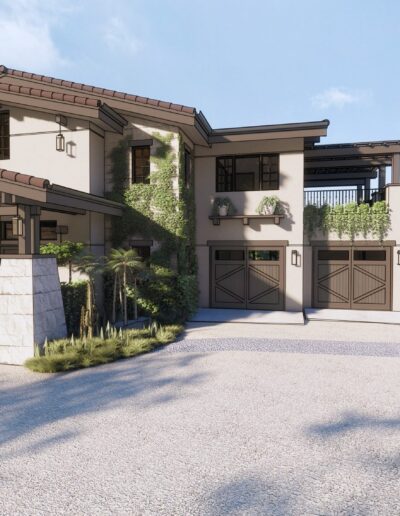 A modern two-story house with a spacious driveway, featuring a stone facade and multiple balconies, set against a backdrop of lush greenery and mountains.