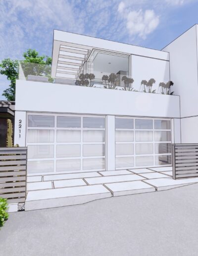 Modern two-story white house with large windows, a garage, and a rooftop terrace surrounded by greenery under a blue sky.