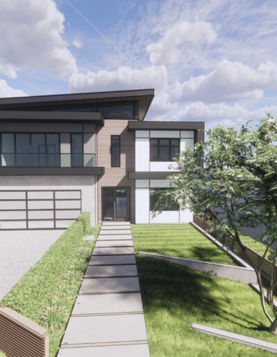 Modern two-story house with large windows and a garage, featuring a landscaped garden and pathway, set under a cloudy sky.