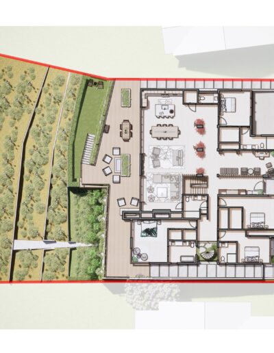 Aerial view of a detailed architectural floor plan, surrounded by green areas delineated with a red boundary line.